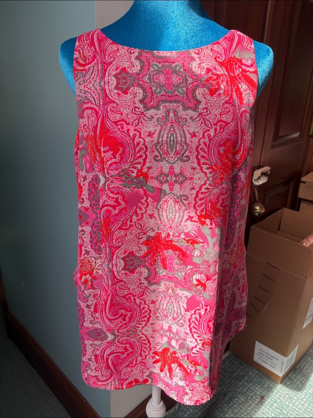 CAbi  tank top  soft flowy pink paisley /red grey orange boat neck  zipper back